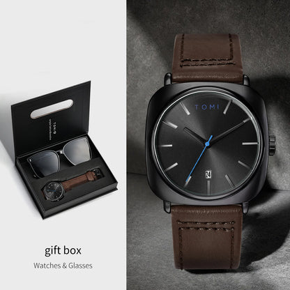 Tomi 2 pçs masculino casual moda relógio óculos conjunto de presente clássico simples caso quadrado relógio de quartzo masculino conjunto de presente reloj