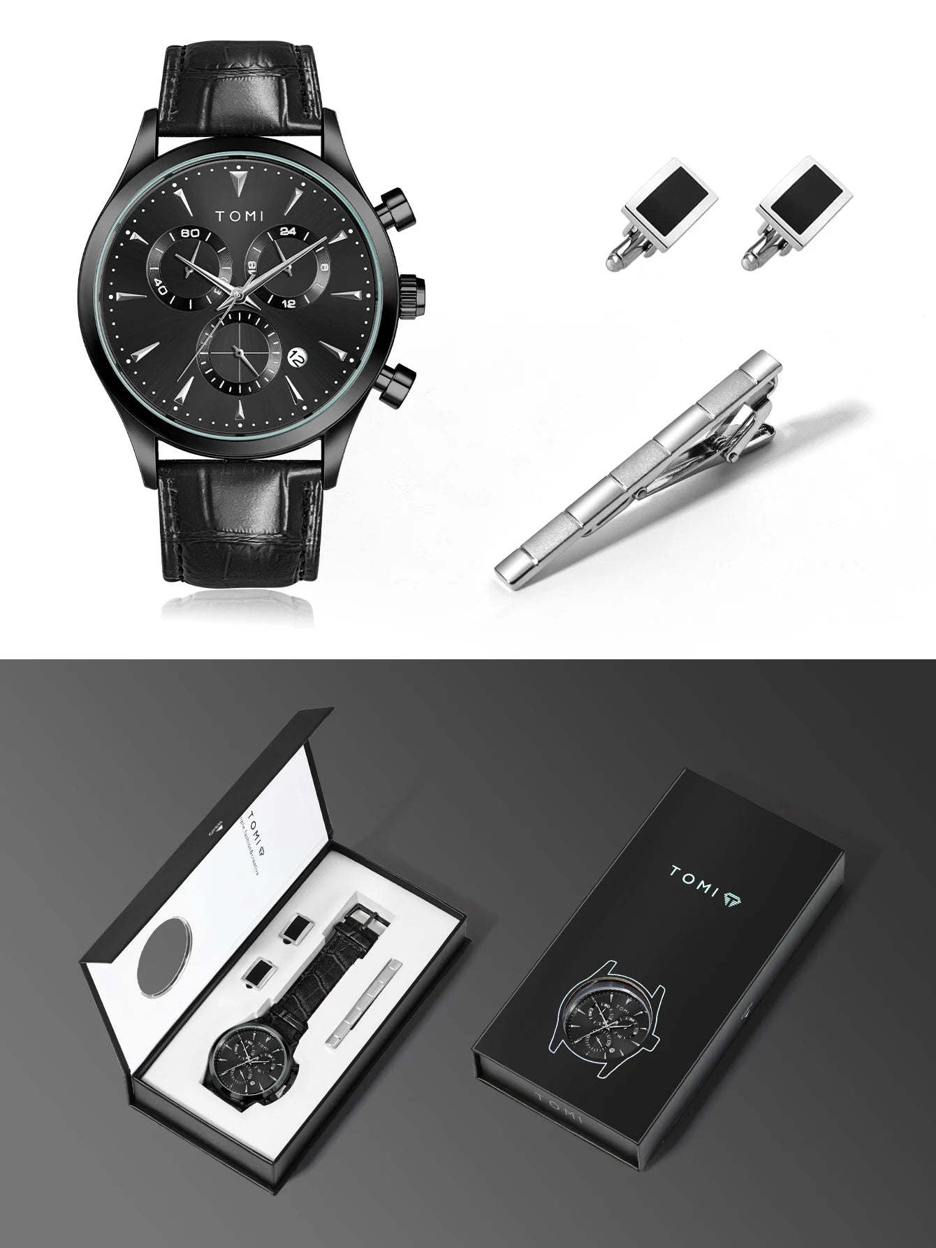 Tomi 4 pçs conjunto de luxo negócios masculino relógio quartzo casual moda versátil relógio abotoaduras masculino gravata clipe relógio festival presente