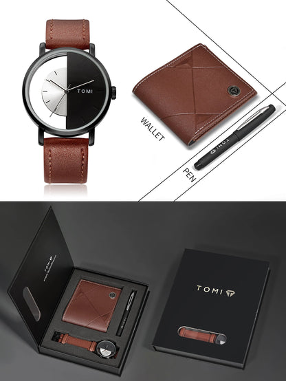Tomi 3 pçs conjunto de caixa de presente de negócios de luxo relógio masculino carteira simples lazer criativo oco dial relógio de quartzo relógio presentes