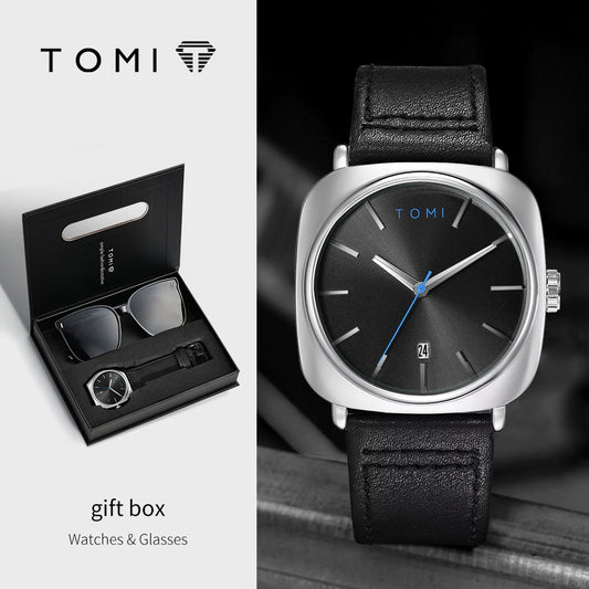 Tomi 2 pçs masculino casual moda relógio óculos conjunto de presente clássico simples caso quadrado relógio de quartzo masculino conjunto de presente reloj