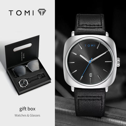 Tomi 2 pçs masculino casual moda relógio óculos conjunto de presente clássico simples caso quadrado relógio de quartzo masculino conjunto de presente reloj