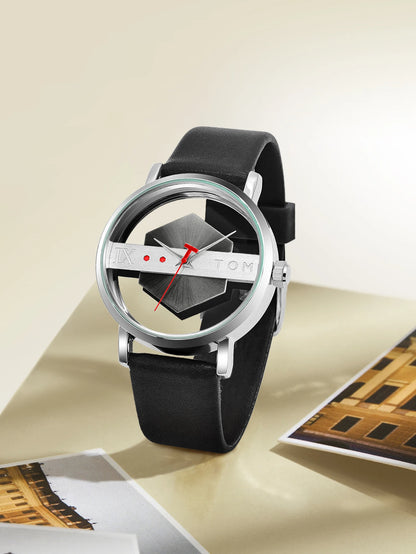 TOMI Pulseira de relógio de couro masculina elegante e minimalista personalizada com perspectiva oca tampa inferior de vidro relógio de quartzo