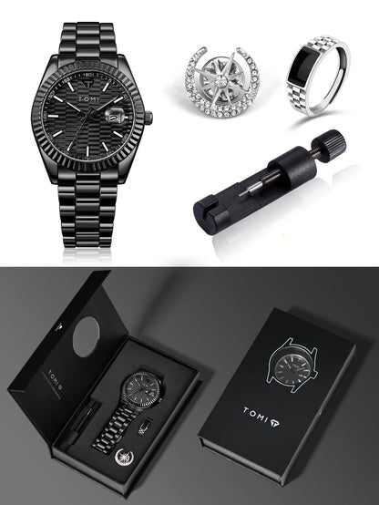 Tomi novo relógio masculino broche anel caixa de presente conjunto luxo negócios pulseira aço inoxidável calendário casual relógio quartzo reloj