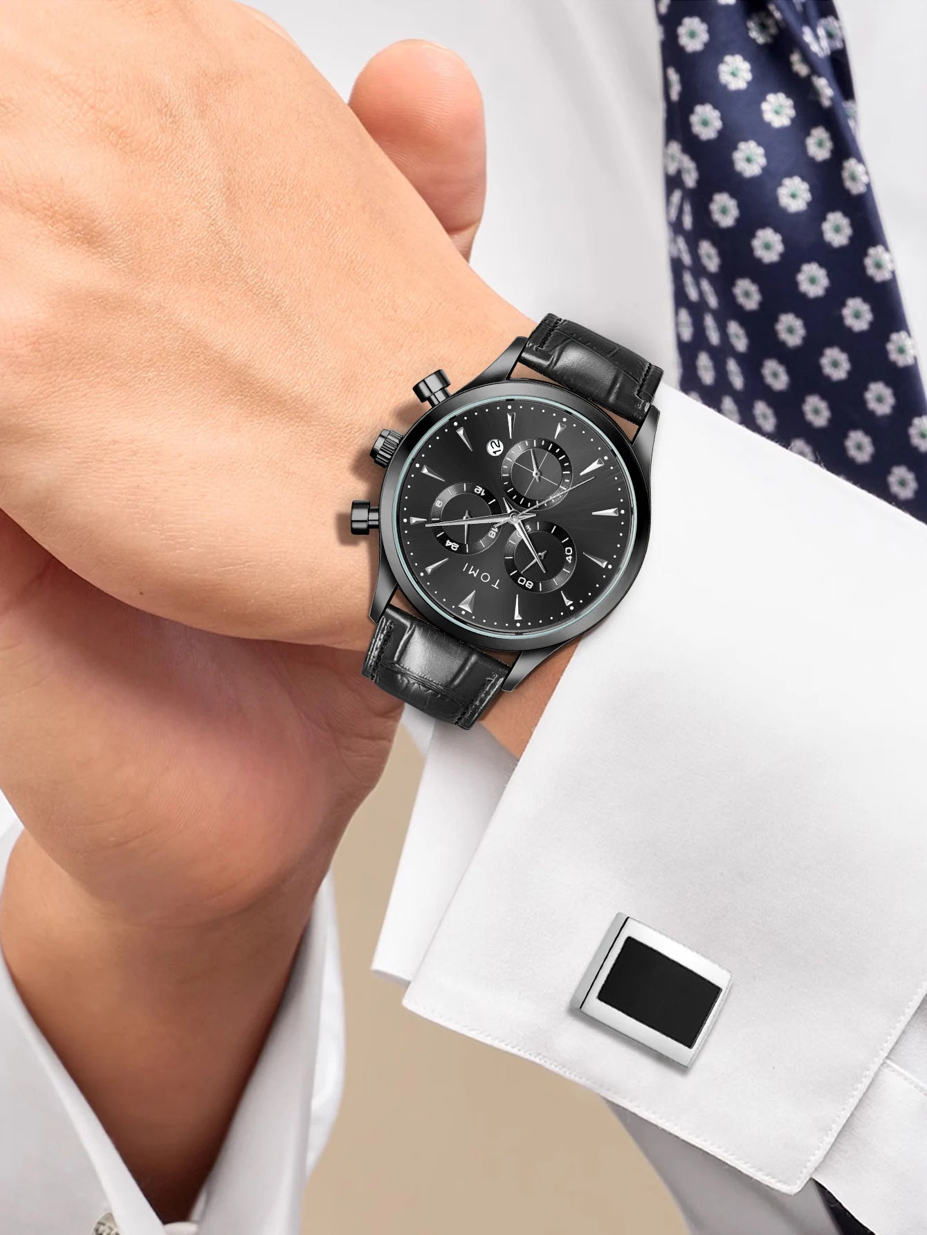 Tomi 4 pçs conjunto de luxo negócios masculino relógio quartzo casual moda versátil relógio abotoaduras masculino gravata clipe relógio festival presente