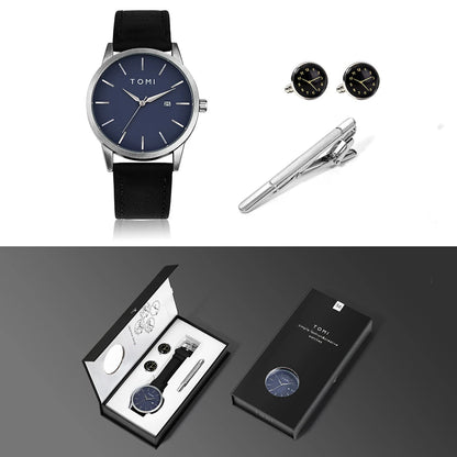 Venda quente tomi masculino 4 pçs caixa de presente conjunto relógio minimalista casual masculino relógio de quartzo gravata clipe manga fivela relógio presente relojes