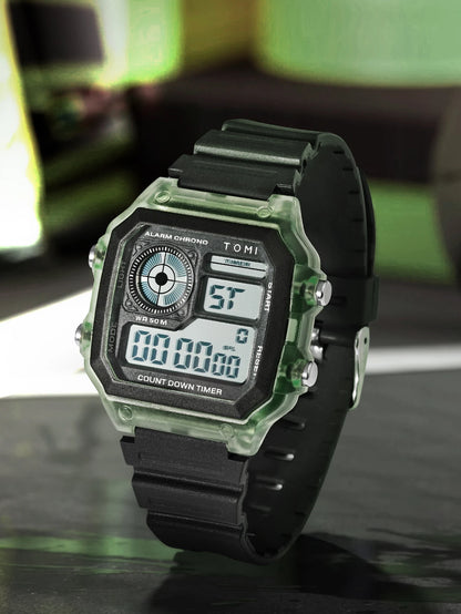 TOMI Transparente Cyberpunk Relógio Digital Edgy Square Estilo Esportivo Display LED Botões Multi-Função Moda Streetwear Pulseira