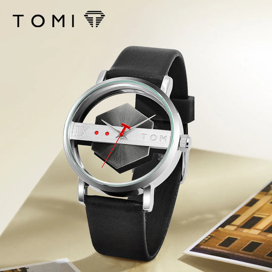 TOMI Pulseira de relógio de couro masculina elegante e minimalista personalizada com perspectiva oca tampa inferior de vidro relógio de quartzo