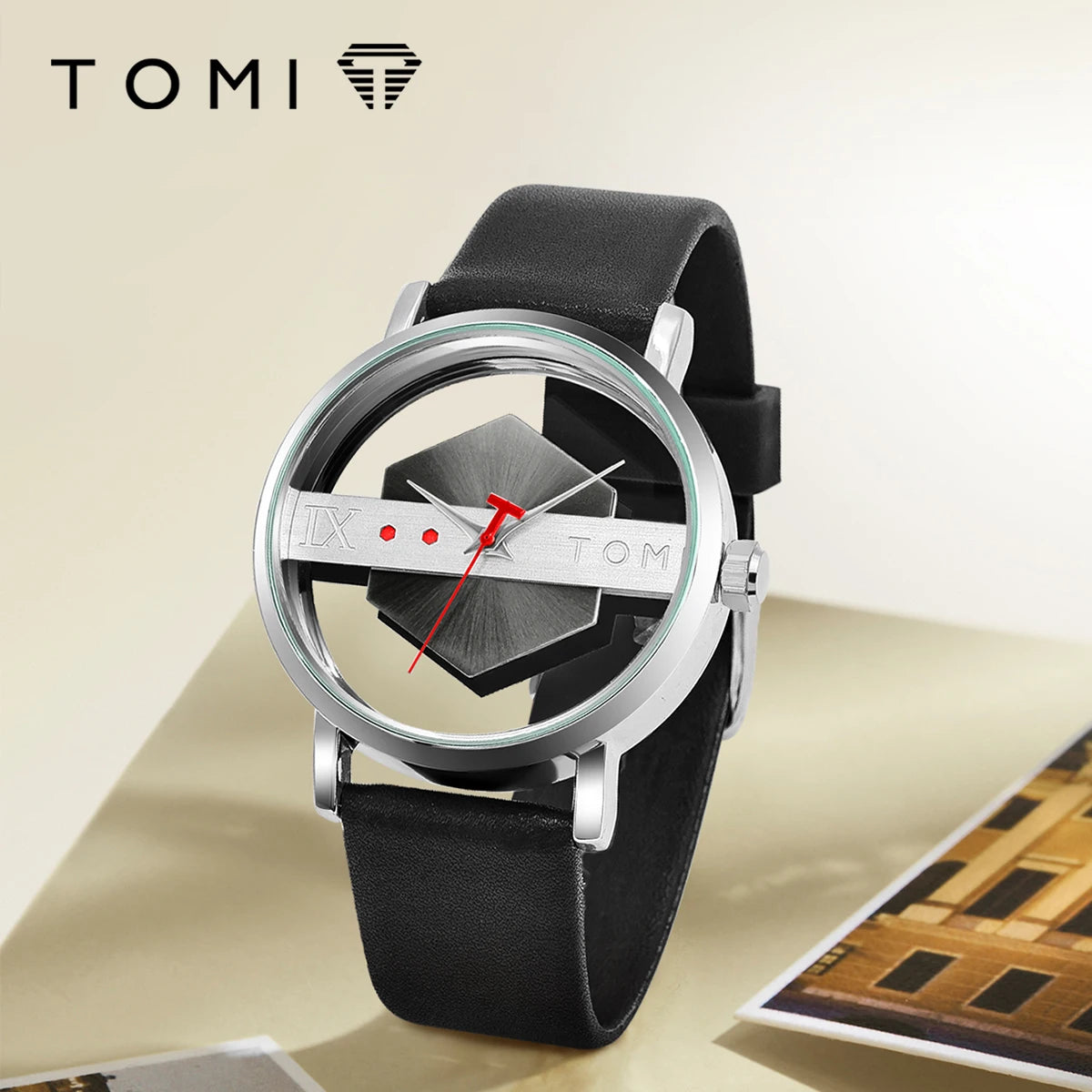 TOMI Pulseira de relógio de couro masculina elegante e minimalista personalizada com perspectiva oca tampa inferior de vidro relógio de quartzo