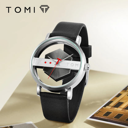 TOMI Pulseira de relógio de couro masculina elegante e minimalista personalizada com perspectiva oca tampa inferior de vidro relógio de quartzo