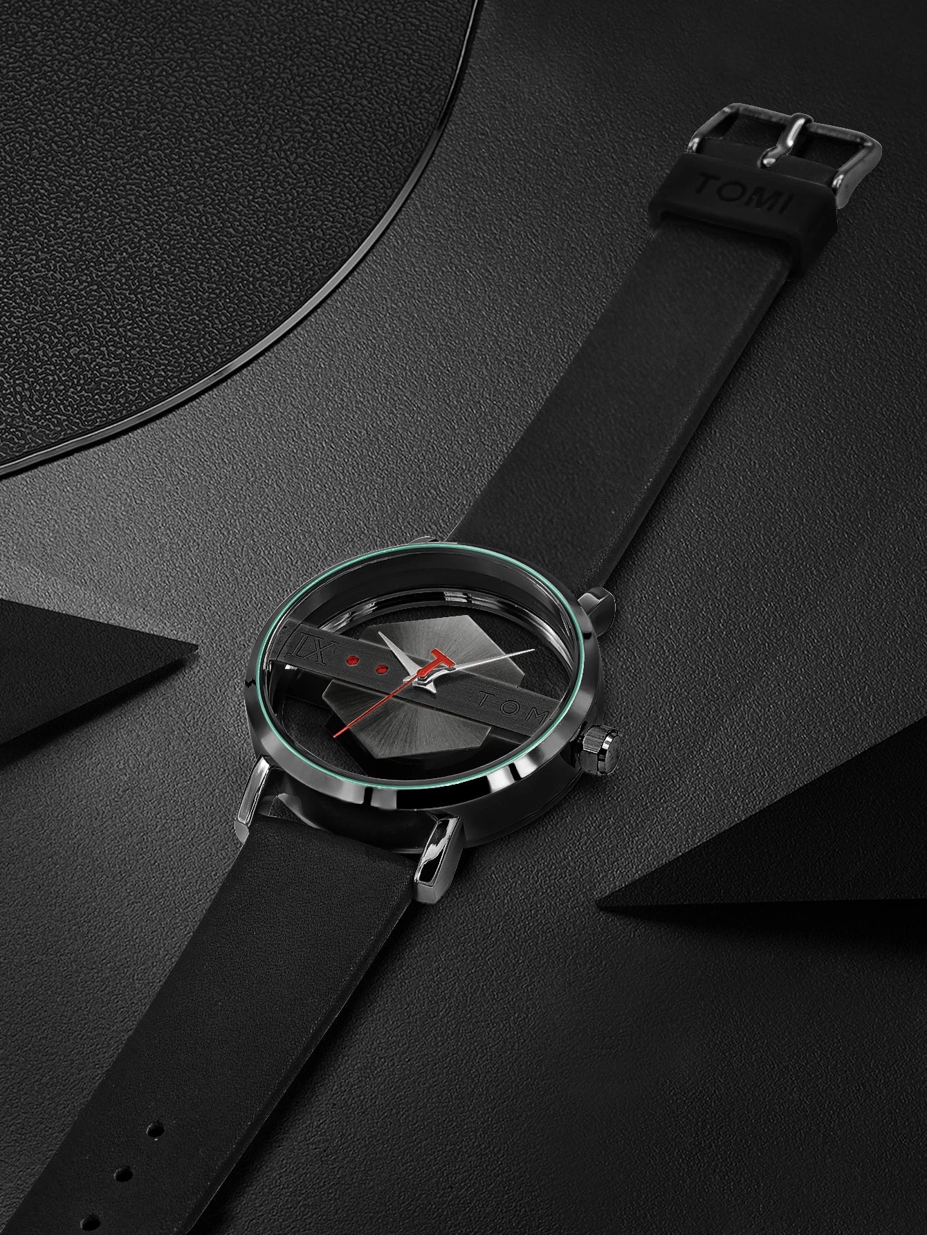TOMI Pulseira de relógio de couro masculina elegante e minimalista personalizada com perspectiva oca tampa inferior de vidro relógio de quartzo