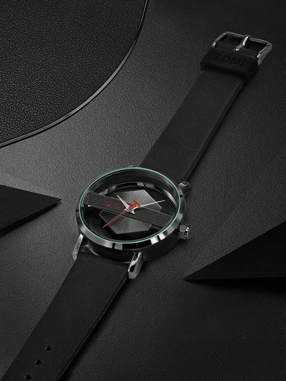 TOMI Pulseira de relógio de couro masculina elegante e minimalista personalizada com perspectiva oca tampa inferior de vidro relógio de quartzo
