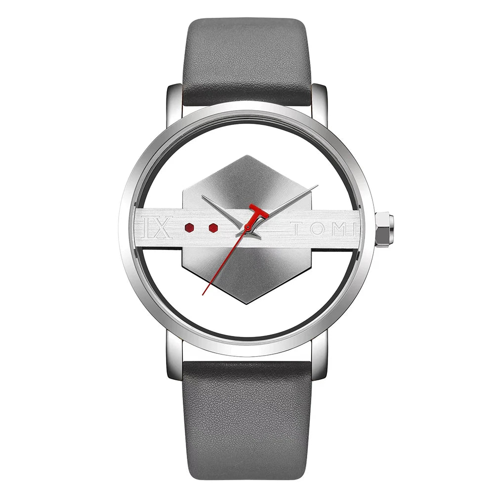 TOMI Pulseira de relógio de couro masculina elegante e minimalista personalizada com perspectiva oca tampa inferior de vidro relógio de quartzo