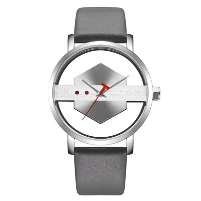 TOMI Pulseira de relógio de couro masculina elegante e minimalista personalizada com perspectiva oca tampa inferior de vidro relógio de quartzo
