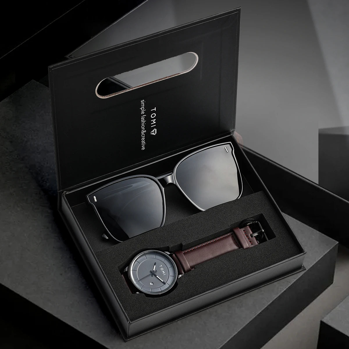 Tomi novo 2 pçs moda casual relógio masculino caixa de presente conjunto luxo redondo grande dial calendário masculino relógio de quartzo óculos caixa de presente