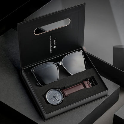Tomi novo 2 pçs moda casual relógio masculino caixa de presente conjunto luxo redondo grande dial calendário masculino relógio de quartzo óculos caixa de presente