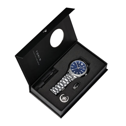Tomi novo relógio masculino broche anel caixa de presente conjunto luxo negócios pulseira aço inoxidável calendário casual relógio quartzo reloj